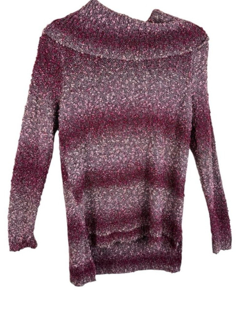 Maglia Burgundy Mauve Striped Boucle Shimmery Cowl Neck Stretchy Sweater Size L
